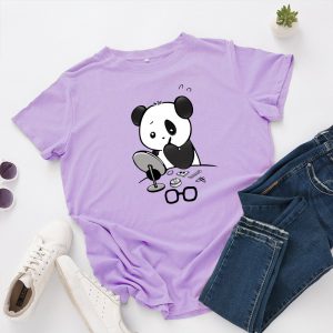 Womens Panda Putting Make-up Cartoon Tee