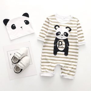 Panda and Stripes Long-sleeve Baby Jumpsuit with Hat