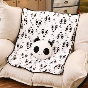 Cartoon Panda Head Coral Velvet  Blanket and Cushion Set