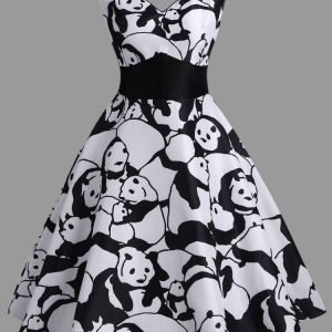 Vintage Sleeveless Panda Print Summer Dress
