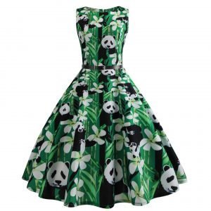 Panda Floral Print Sleeveless Belt Flare Dress