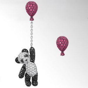 Pink Balloon Panda Crystal Pendent Asymmetrical Earrings