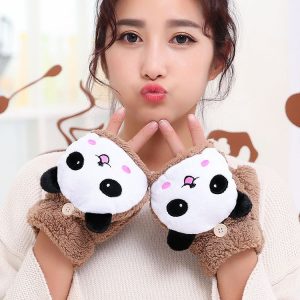 Coral Fleece Smiley Panda Women Flip Mittens